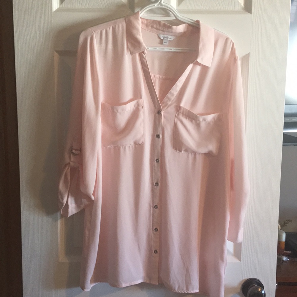 Reitmans ladies sheer baby pink blouse.